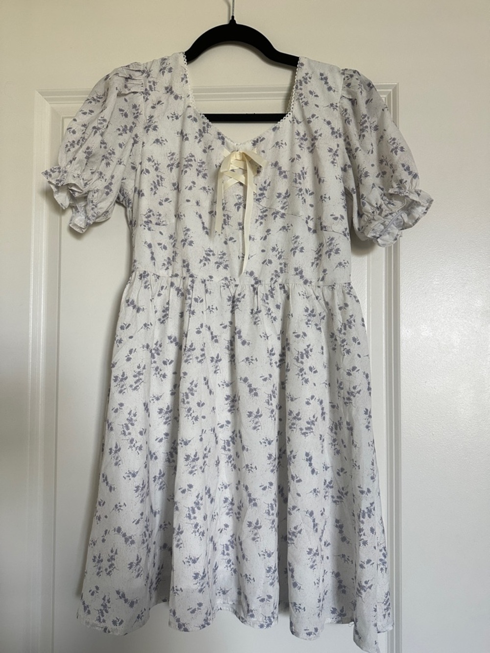 Floral Ribbon-Front MilkMaid Mini Dress in Lavender on Cream